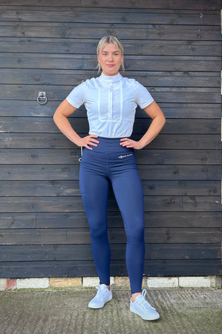 VERSATILE DRY Navy Water Repellent Riding Tights with Knee Grip High Waist & Thigh Pocket