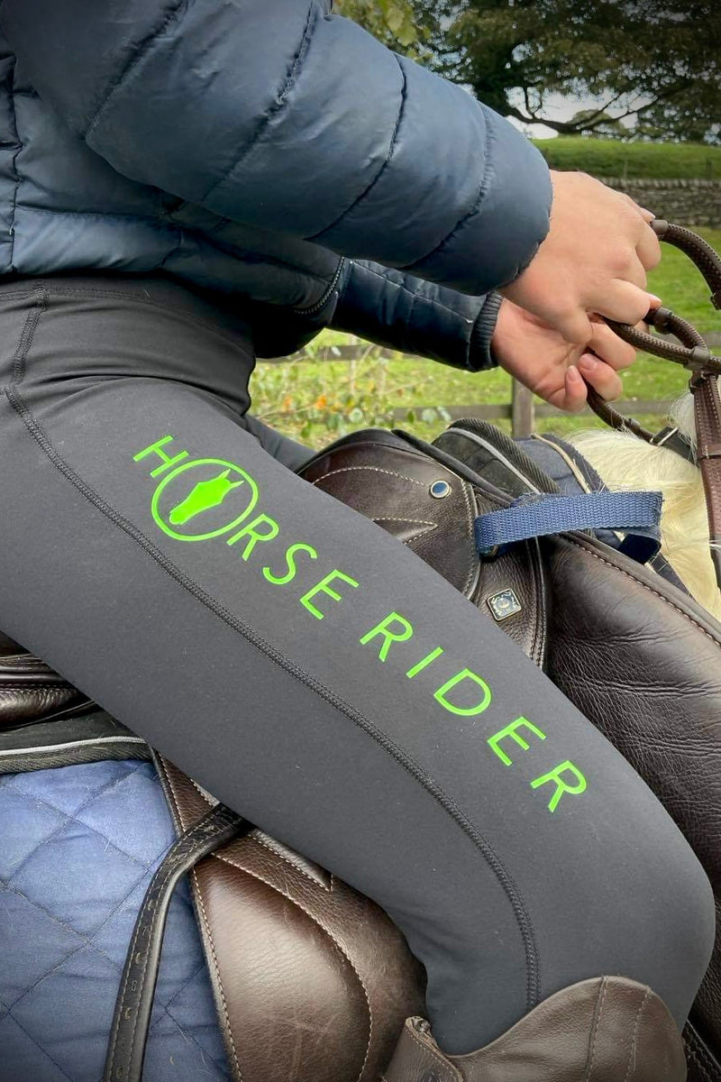 NEO Logo Black Neon Green Micro Fleece Riding Tights Reflective Full Grip Jodhpurs.uk