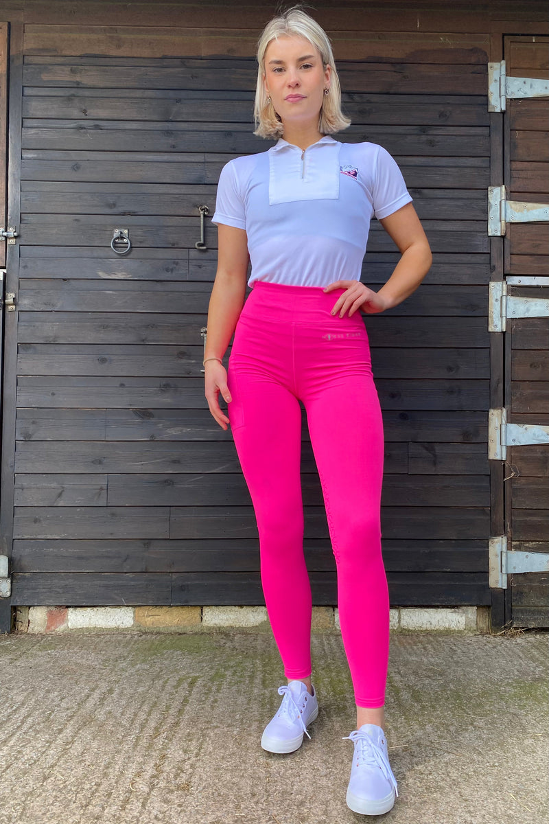 VERSATILE DRY Neon Pink Water Repellent Riding Tights with Knee Grip High Waist & Thigh Pocket - Jodhpurs.UK