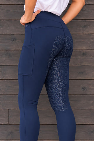 VERSATILE PRO Navy Water Repellent Full Grip Riding Tights with Two Pockets Jodhpurs.UK