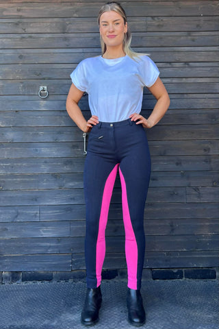 KTY Navy/Pink Traditional Cotton Two Tone Ladies Jodhpurs inc. Knee Patch Jodhpurs.uk